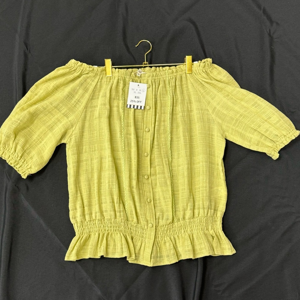 easel Lime Green Off-Shoulder Button Front Top